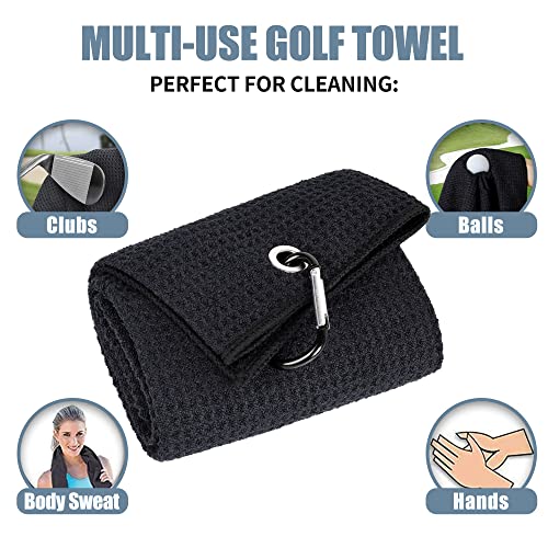 Tri-fold Golf Towel - 16" x 24" Microfiber with Carabiner Clip - Black