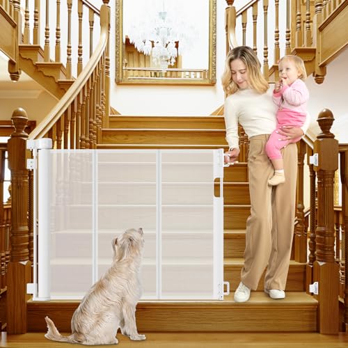 Reinforced Retractable Baby Gates for Stairs 55 Inch Reinforced Strip Baby Stair Gate Retractable Dog Gate for Stairs Retractable Gate for Stair Post, Banister to Banister, Banister to Wall, Doorway
