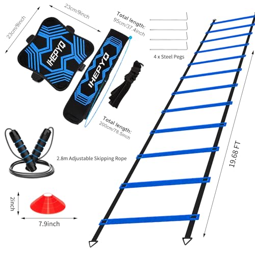 Agility Training Equipment Set - 12 Rung Ladder, 12 Disc Cones, Jump Rope & Solo Trainer - Blue