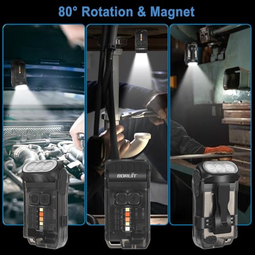 BORUIT V15 Small Flashlight Powerful Super Bright with 80¡Æ Swivel Head, Clip Magent Warm Red Blue COB Light - Mini Pocket Keychain EDC Flashlights USB Rechargeable IP67 LED Flash Light