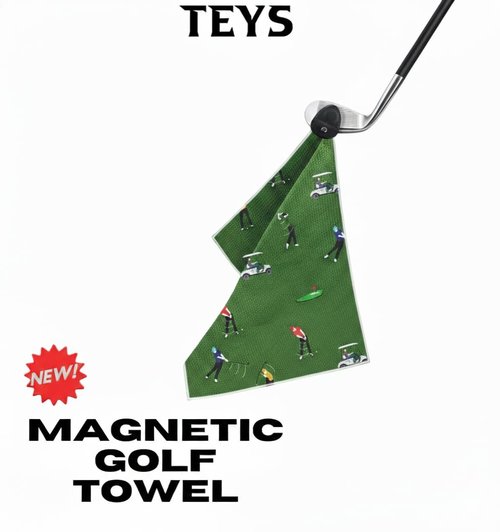 Teys Official Magnetic Towel | Top-Tier Microfiber Golf Towel with Deep Waffle Pockets | Professional Strength Magnet for Strong Hold to Golf Carts or Clubs (Golf Pattern)