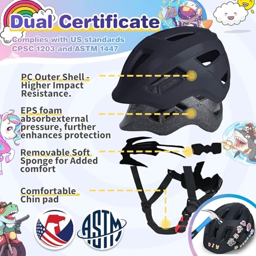 BiutiMama Kids Bike Helmet 1-8 Years Black XS 48-52 cm – CPSC & ASTM F1447 Certified