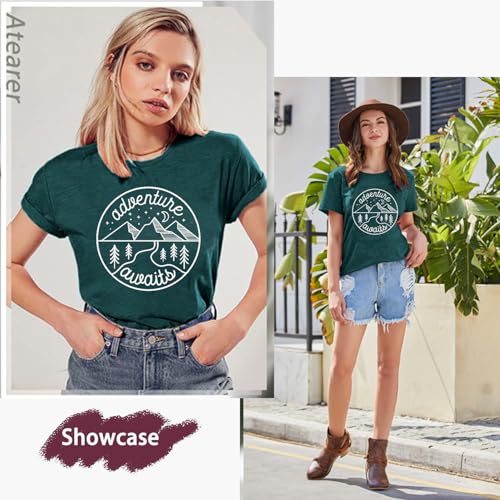 Women Mountain Hiking T-Shirt - Adventure Begins Camping Tee, Small / Green1