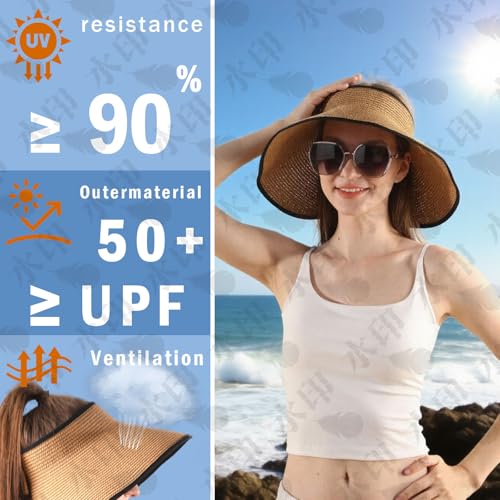Wide Brim Straw Sun Visor Hat for Women - Khaki, Foldable & Packable