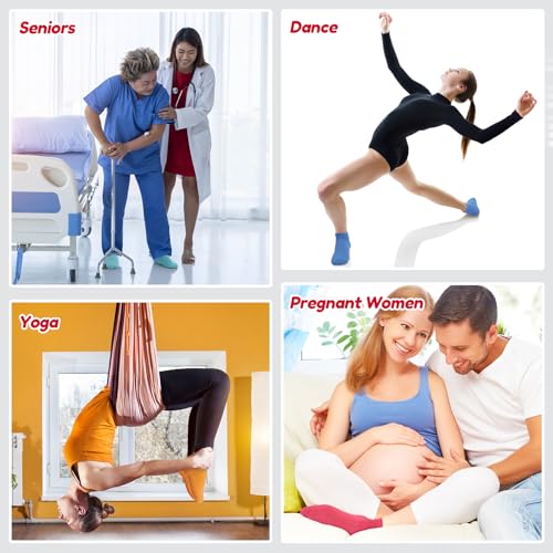 Non-Slip Yoga & Pilates Socks for Women - 4 Pairs, Blue & Red/Orange