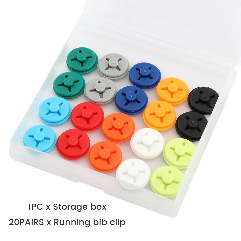 Skiennix Running Bib Clips - 20 Pairs Number Buckle Fixing System for Triathlons & Track Events | Includes Storage Box