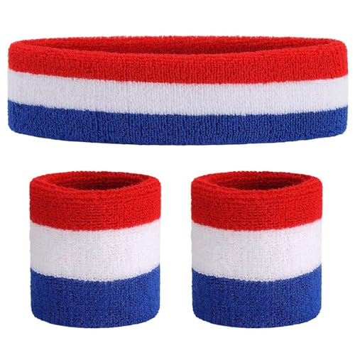 Moisture-Wicking Sweatband Set - Headband & Wristbands - Red/White/Blue