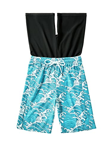 Boys Swim Trunks with Boxer Brief Liner - Quick Dry, Blue White Spray, Size 10-12