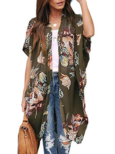 Floral Kimono Duster Cardigan - Short Sleeve Beach Cover Up - Army Green, Small