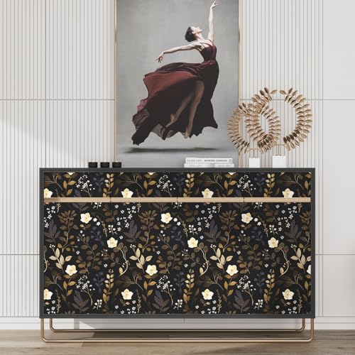 Gold Leaf Peel and Stick Wallpaper Boho Leaf Contact Paper Dark Floral Removable Self Adhesive Waterproof Wall Paper for Cabinet Drawers Wall Decor Renter Friendly 17.5''x118.1''