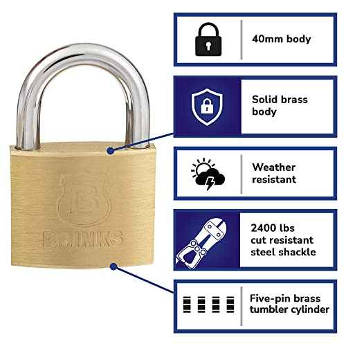 BRINKS - 40mm Solid Brass Keyed Padlock with 7/8¡± Shackle Clearance, 4-Pack - Chrome Plated with Hardened Steel Shackle, (171-40401)