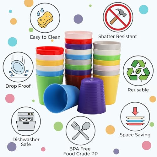 Frcctre 24 Pack Kids Plastic Cups, 8 Oz Unbreakable Reusable Tumblers BPA-Free