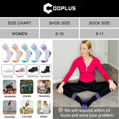 COOPLUS Women's Athletic Crew Socks 5 Pairs Cushioned Cotton Wicking, One Size - White