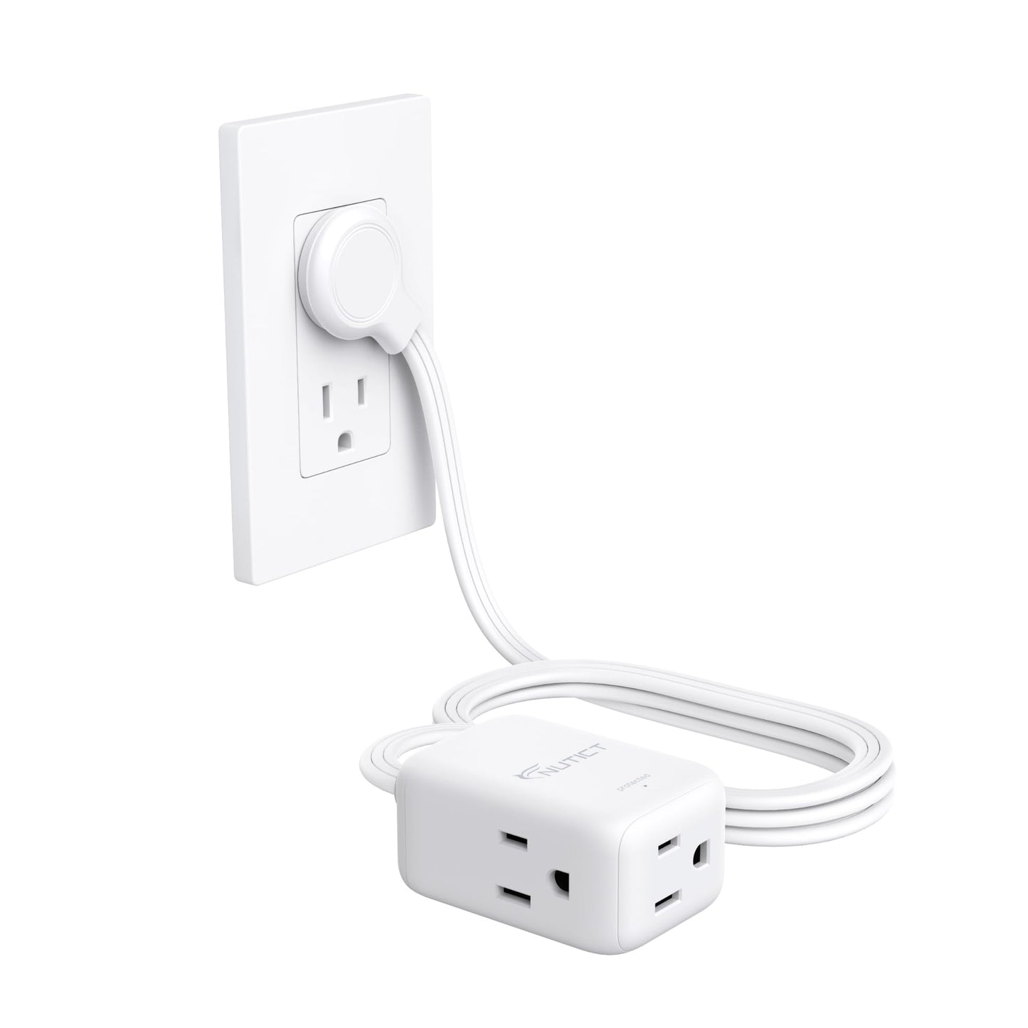 Flat Extension Cord 6ft, NUTICT Indoor 3 Prong Cord Extension with 900J Surge Protector, 13A/1625W, Low Profile Right Angle Flat Wall Plug, 3 Way Small Outlet Extender for Kitchen Home Office, White