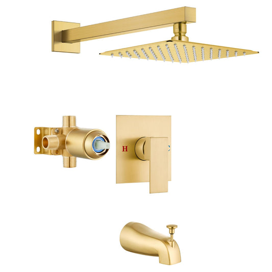 Airuida Bathtub Shower Faucet Set with Tub Spout Faucet Kit and 8 Inch Square Rainfall Showerhead Modern Complete Tub Shower Trim Kit with Solid Brass Rough-in Valve Brushed Gold