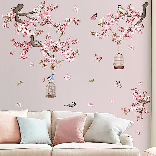 wondever Cherry Blossom Wall Stickers Pink Flowers Tree Branch Peel and Stick Wall Art Decals for Baby Nursery Bedroom