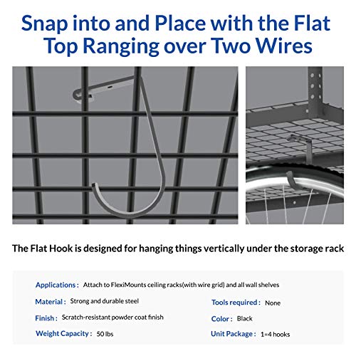 FLEXIMOUNTS 4 Pack Add On Storage Flat Hook Accessory for Garage Ceiling Rack and Wall Shelving, Max Weight Capacity up to 50lbs, Black