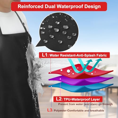 3 Pcs Dual Waterproof Long Apron, Anti-Tear Lightweight Cloth Apron for Dishwasher Dish Washing Dog Grooming Lab Cleaning Kitchen Chef Cooking BBQ Painting Butcher for Women & Men (Black)
