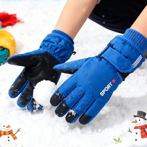 Kids' Winter Snowboard Mittens - Windproof & Water-Repellent - Blue Star