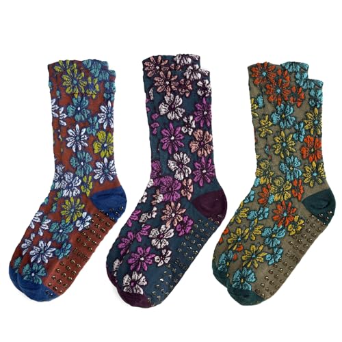 Non-Slip Pilates Grip Ankle Socks - Floral Embroidered Yoga Set - Purple/Green/Blue