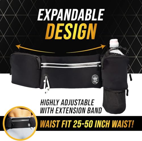 Running Belt with Water Bottle Holder & Extension Band - Black