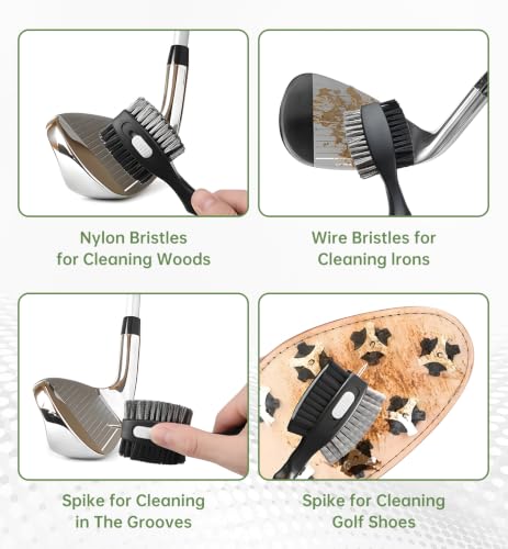 Golf Club Brush Set - 2 Pack Retractable Cleaner with Spike, Black & White