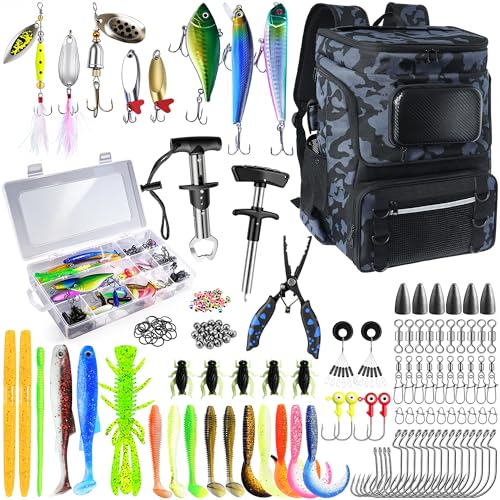 SKAITU Camo Fishing Backpack with Rod Holder, Cooler & 139 Lures, Large 50L Tackle Bag