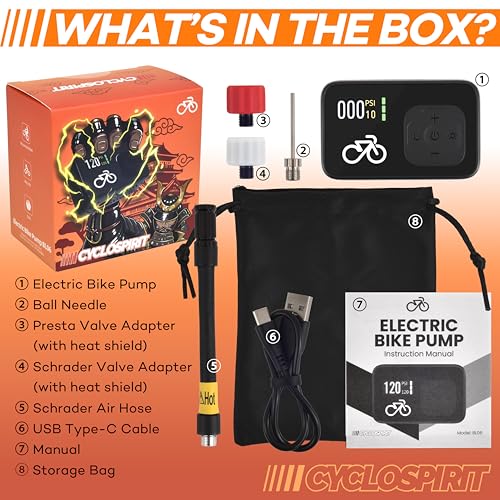 Mini Electric Bike Pump with Digital Gauge, 120 PSI, Auto Shutoff, USB-C, Presta & Schrader Compatible