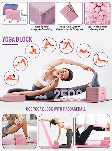 Thick Yoga Mat Set - 8mm High Density with Strap, Blocks & Bands - Purple & Pink