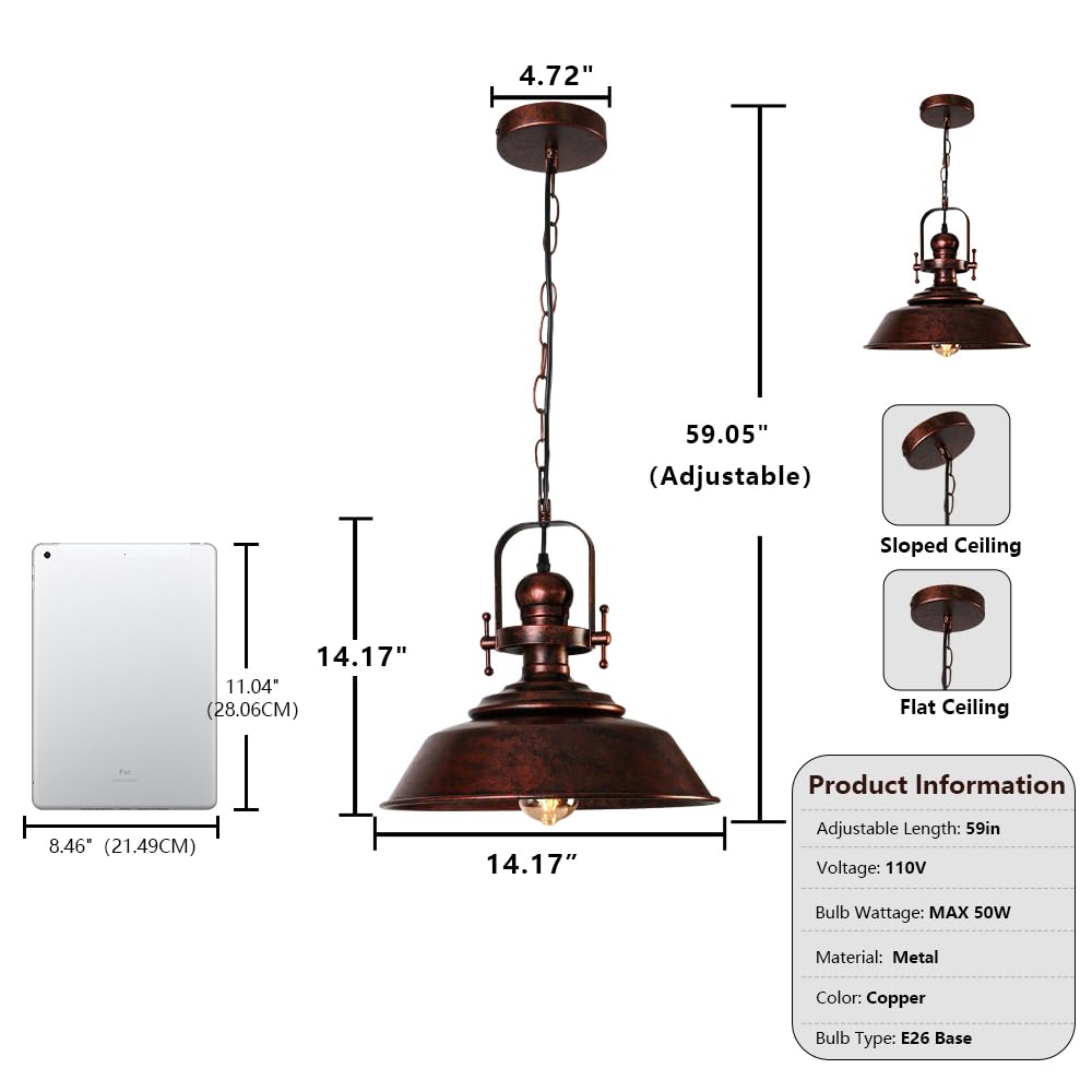 Sedelan Copper Pendant Light, Barn Pendant Lights Kitchen Island, Farmhouse Pendant Lighting, Industial Haning Lamp, Rustic Light Fixtures for Entryway Bedroom Hallway Adjustable Height，E26