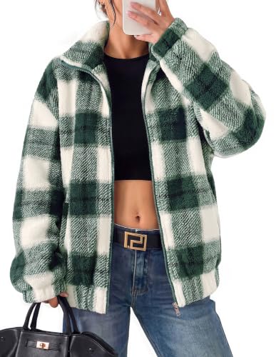Grace Karin Women's Green Plaid Sherpa Fleece Jacket with Pockets Medium