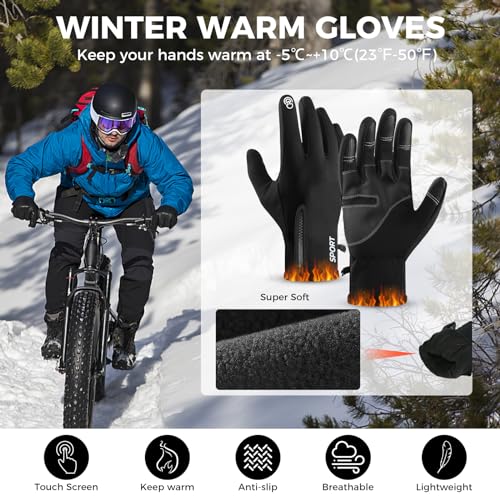 Winter Gloves for Men & Women - Zipper Touch Screen, Black, Medium
