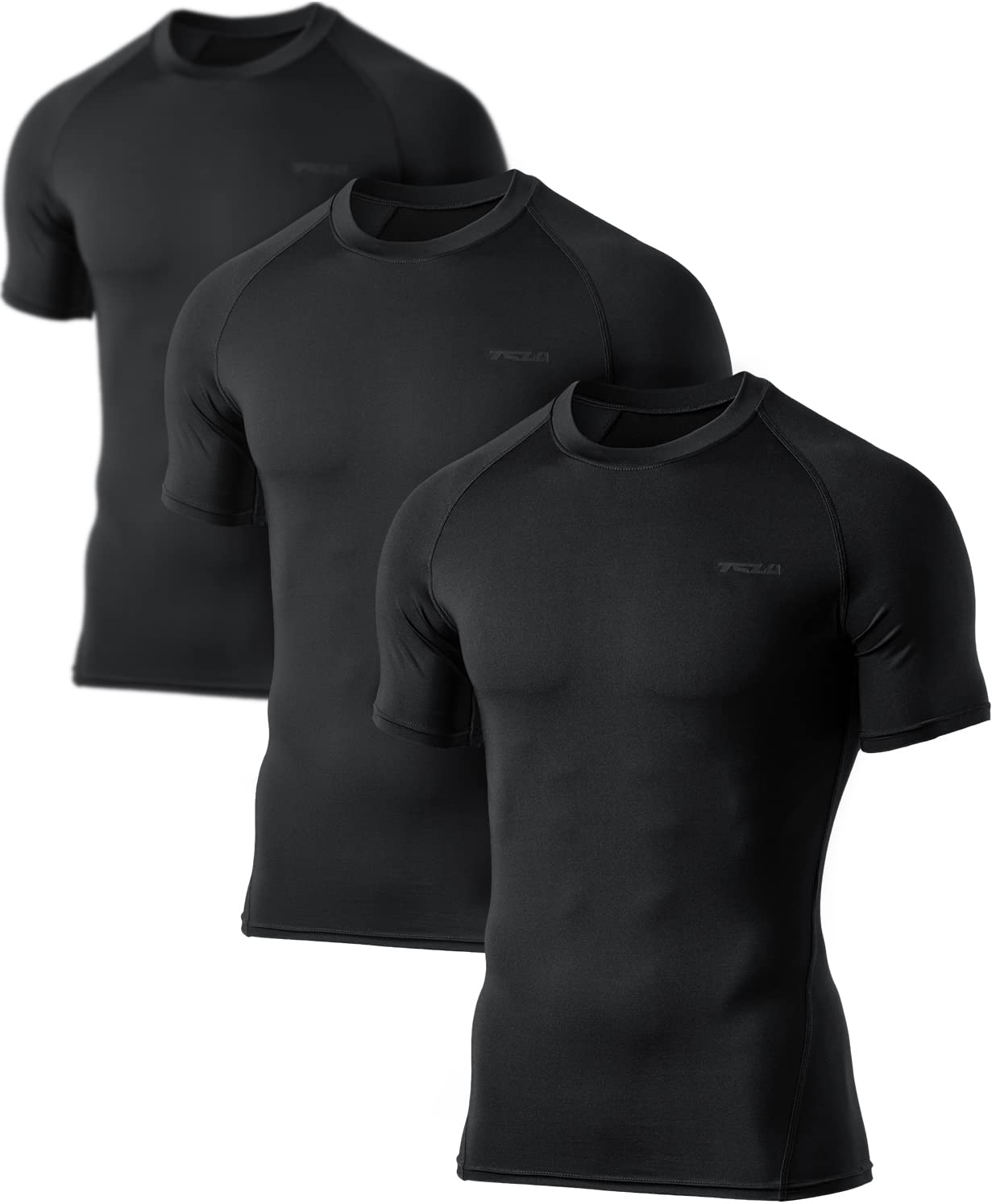 TSLA Men's UPF 50+ Quick Dry Short Sleeve Compression Shirts, Athletic Workout Shirt, Water Sports Rash Guard, 3packs Black, Medium