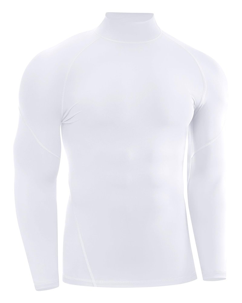 Poekuao Men's UPF 50+ Compression Shirts Long Sleeve Mock Turtleneck Athletic Undershirt Base Layer for Running Football Workout White M