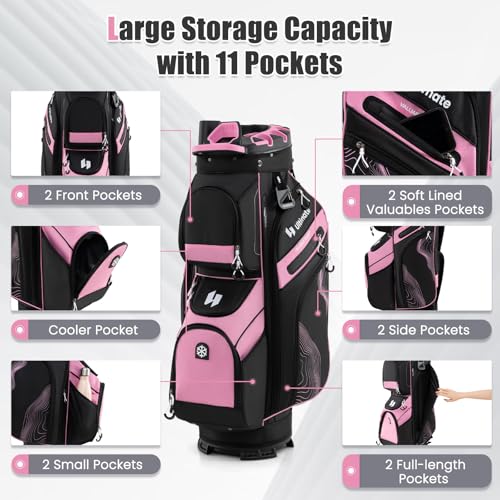 14-Way Golf Cart Bag with Cooler & Full Length Dividers - Black+Pink