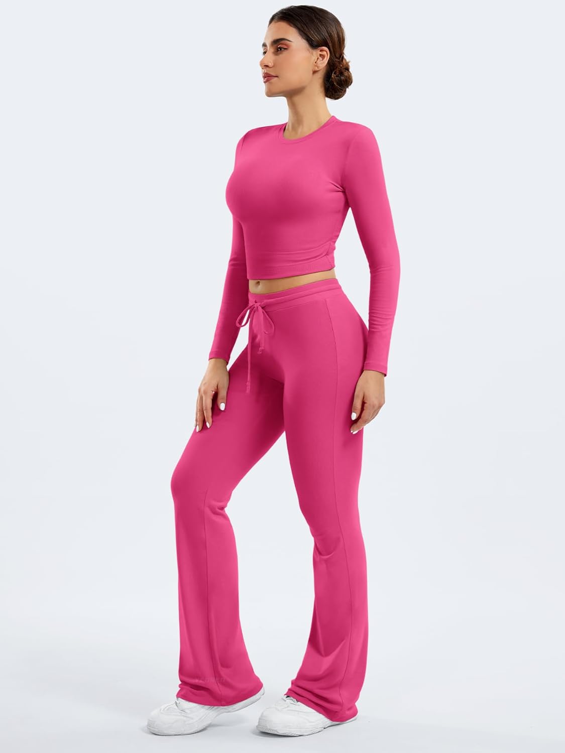 YEOREO Women's Two-Piece Lounge Set - Long Sleeve Top & Drawstring Wide Leg Pants | Rose Red, Size S
