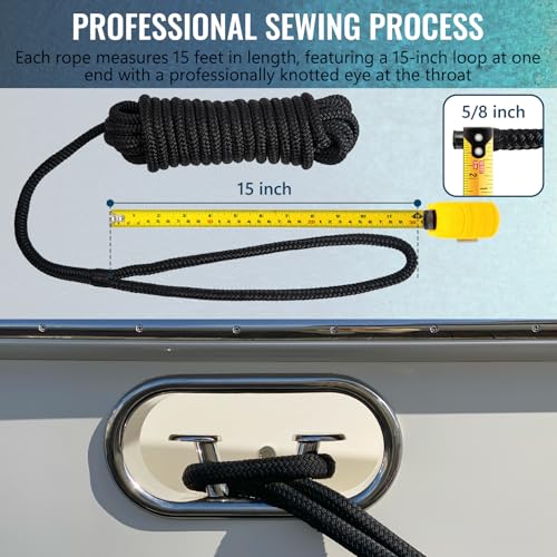 PropelTech 4 Pack 5/8" x 15' Double Braided Nylon Dock Lines for Boats, Black, Heavy Duty