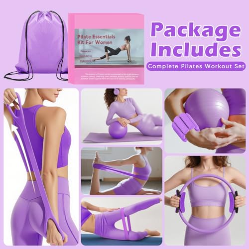 Pilates Kit for Home Workouts - Ring, Ball, Resistance Bands - Purple