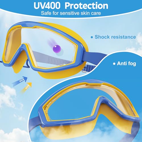 Kids Swim Goggles with Earplugs - Wide View, Anti-Fog, UV Protection - Blue Yellow