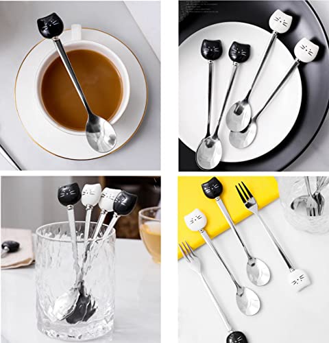 Cute Cat Spoon and Fork Set - 5.7 Inch White & Black
