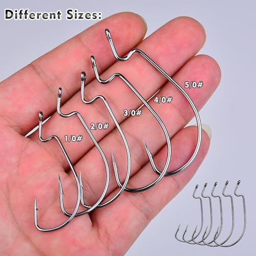 EWG Offset Worm Hooks for Bass Fishing - 50pcs Mixed Size Tackle Set