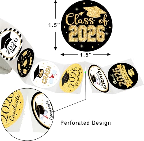 Graduation Stickers Class of 2026 - 500 Black & Gold Labels