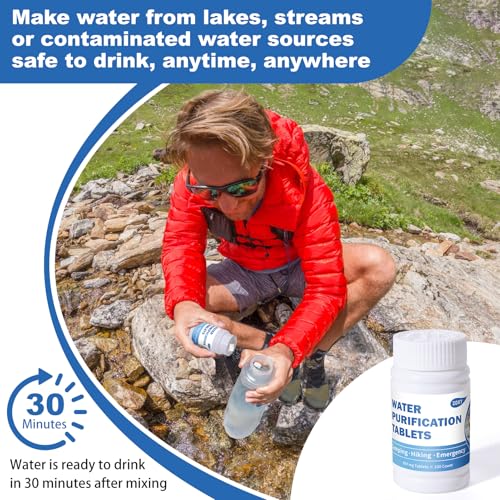 Water Purification Tablets for Drinking - 100 Count Survival & Camping Water Filter
