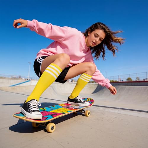 Womens Athletic Knee High Socks - Yellow & White Stripes, One Size