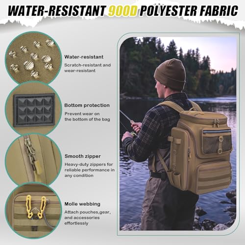 HAMBOLY 45L Fishing Backpack with Rod Holders & Foldable Divider - Brown
