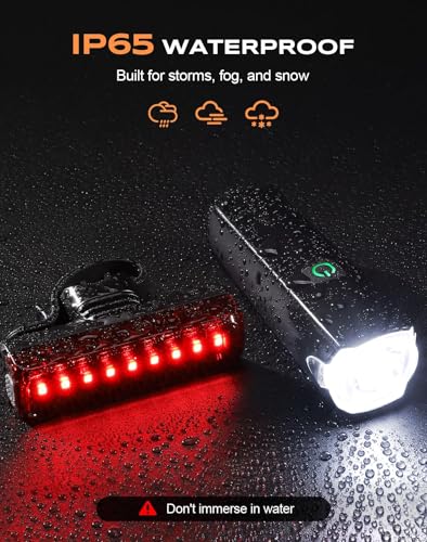 1200 Lumen USB Rechargeable Bike Lights - Front & Rear, IP65 Waterproof, 8 Modes