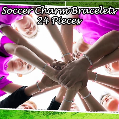 24 Pcs Soccer Beaded Bracelets - Adjustable Clay Jewelry - Pink