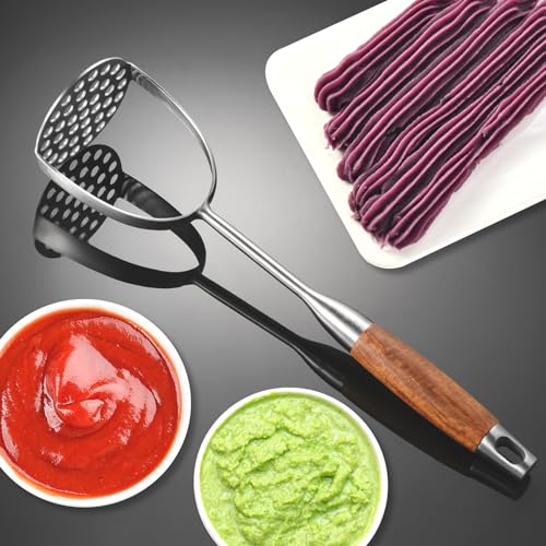 Tuyotue Heavy Duty Stainless Steel Potato Masher with Brown Wooden Handle, Professional Veggie & Meat Mincer