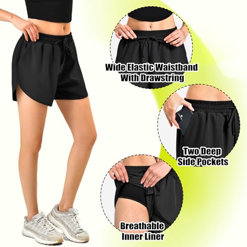 High Waist Quick Dry Running Shorts for Women with Pockets - Large / Black