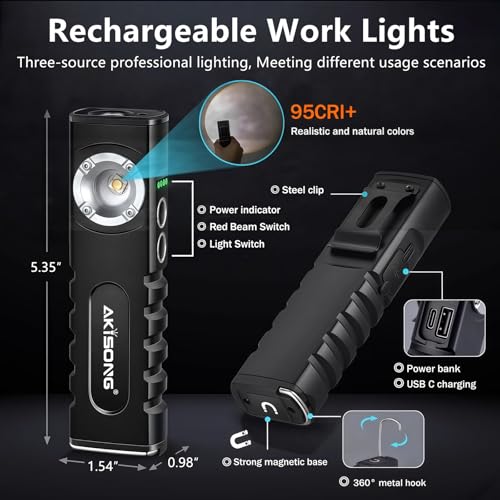 Rechargeable EDC Magnetic Flashlight, Red Laser Combo & Dimmable & USB Output, 370lm Triple Sources Mini Flat Work light with Clip & Hook, Portable Pocket Small LED Flash Lights for Emergency Camping